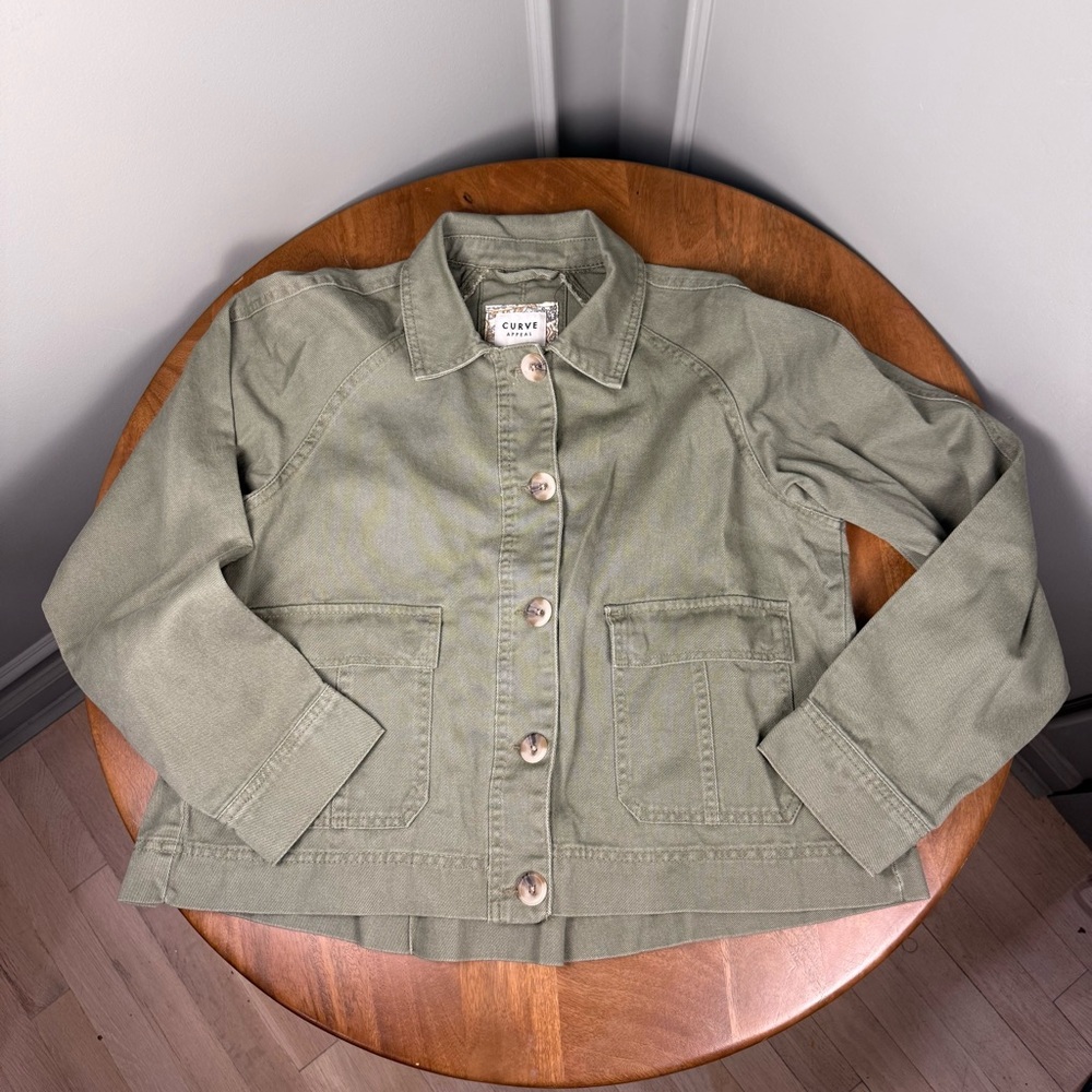 Curve Appeal Utility Military Jacket, Size Small, Button Front Army Green, GUC